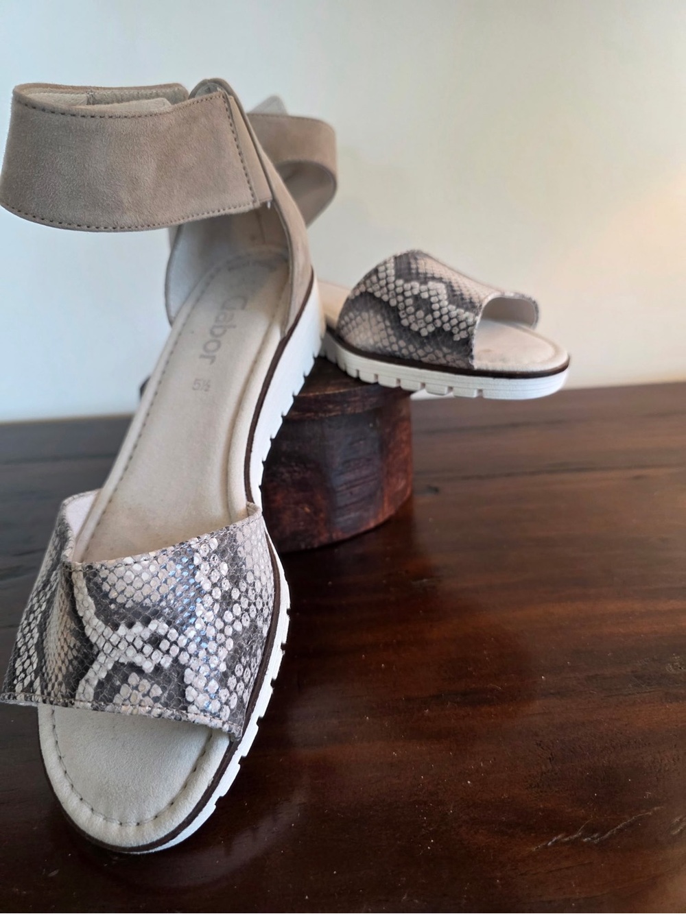 Gabor Beige Suede Ankle-Strap Sandals with Snake-Print Front